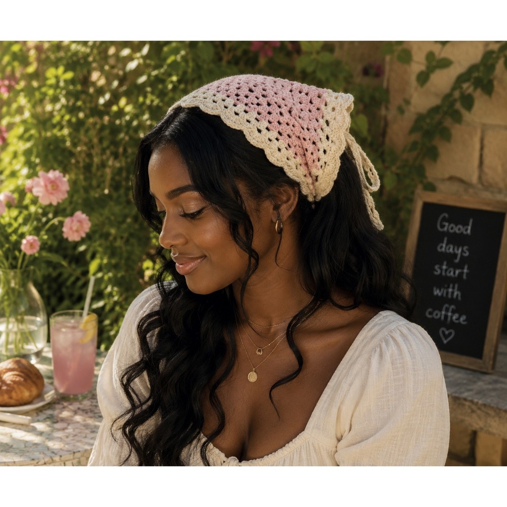 Handmade Crochet Bandana Hair Scarf Pink Cream Boho Cottagecore Granny Square